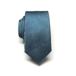 Mens Skinny Tie Dusty Slate Blue Paisley Necktie With Matching Pocket Square Option