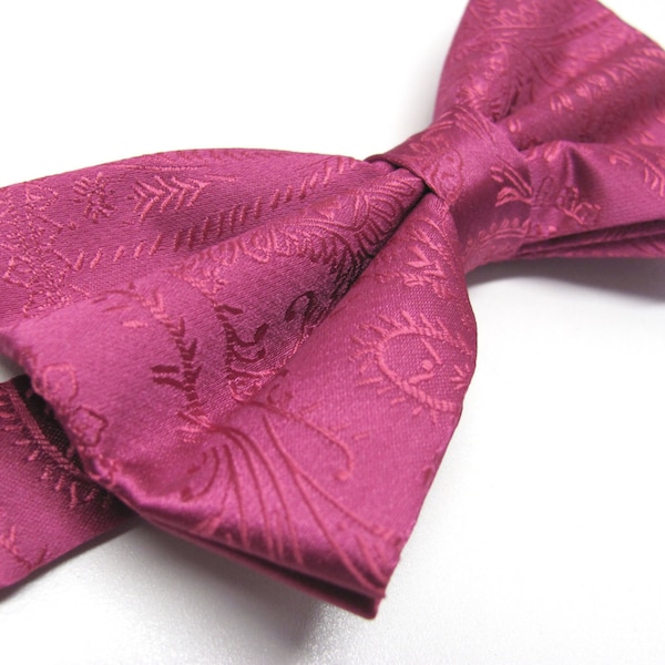 Mens Bowties. Fuchsia Raspberry Paisley Bow tie With Matching Pocket Square Option