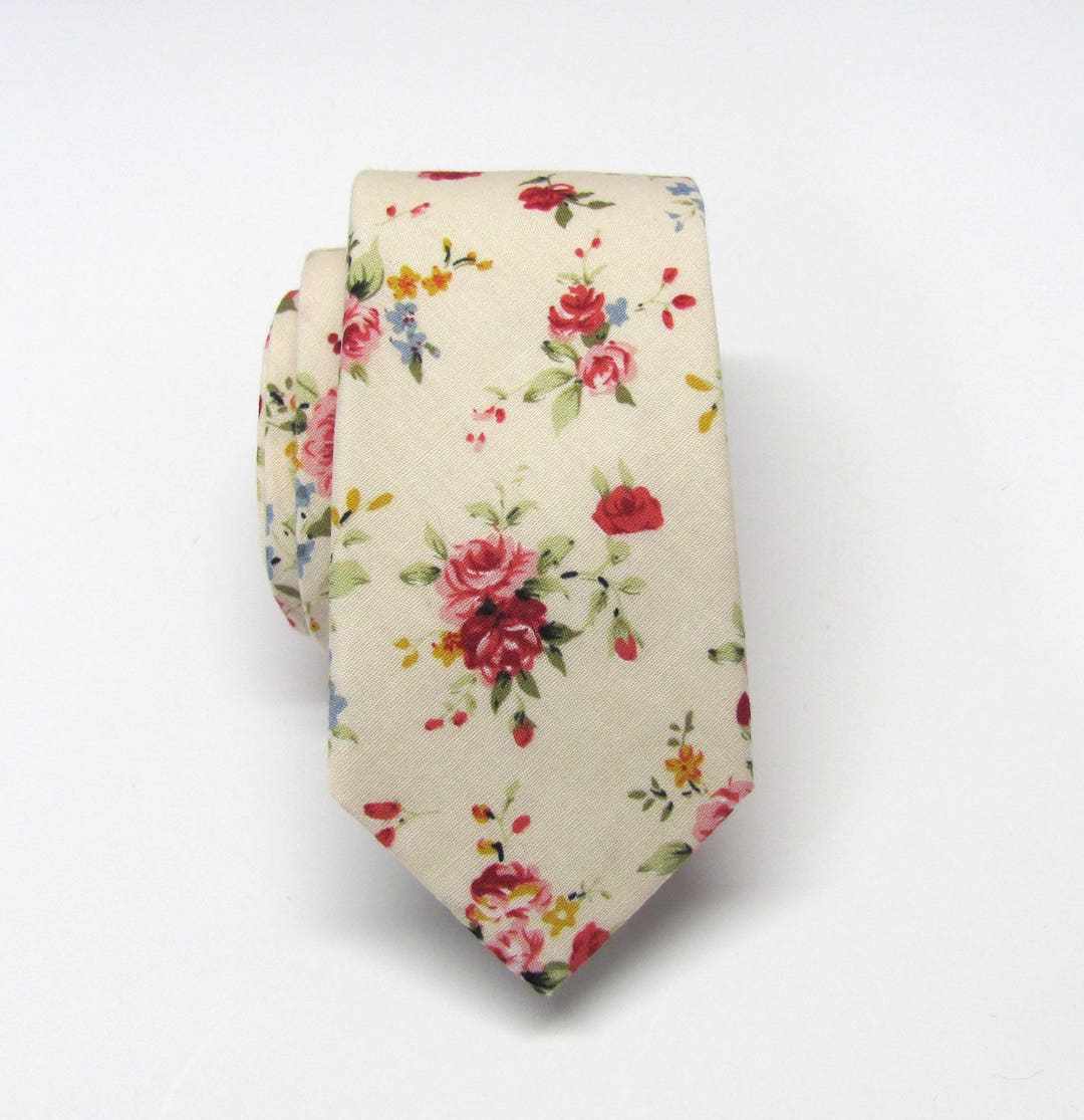 Cotton Mens Tie Cotton Beige Champagne Cream Red Floral Skinny - Etsy
