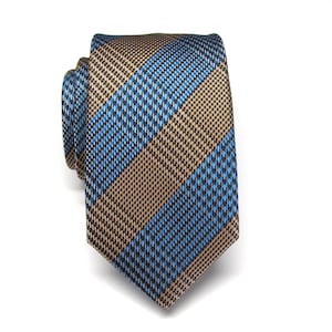 Mens Ties Blue Taupe Plaid Slim Necktie With Matching Pocket Square Option