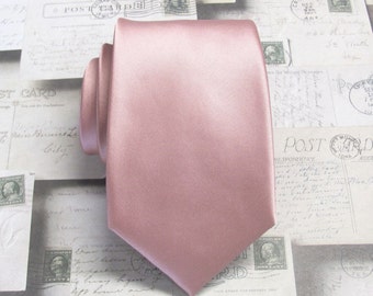 Dusty Rose Pink Narrow Necktie With Matching Pocket Square Handkerchief