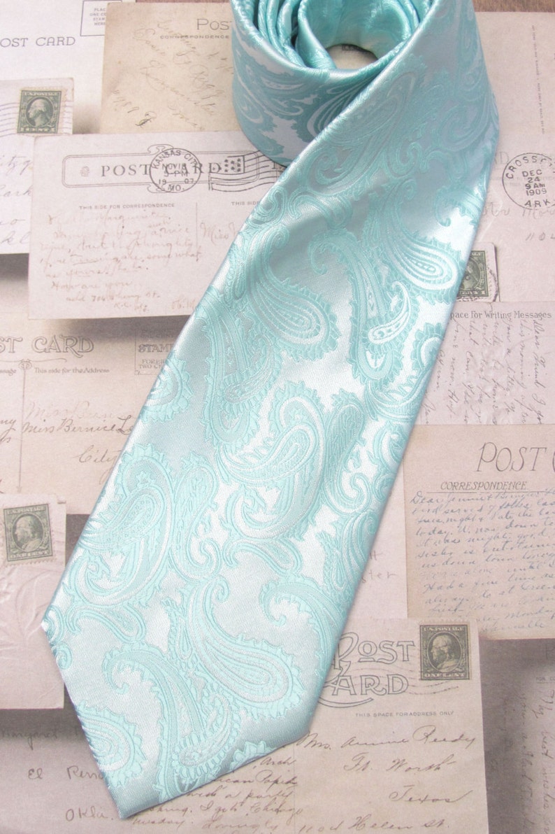 Mens Tie. Wedding Neckties Pastel Pool Blue Pale Blue Paisley Mens Tie. Groomsmens Ties image 3