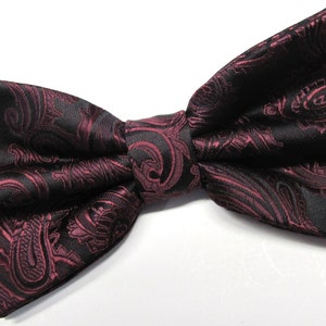 May include: A black bow tie with a burgundy paisley pattern.
