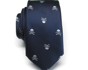 Mens Ties Navy Blue Silver Gray Skull Design Mens Silk Skinny Necktie