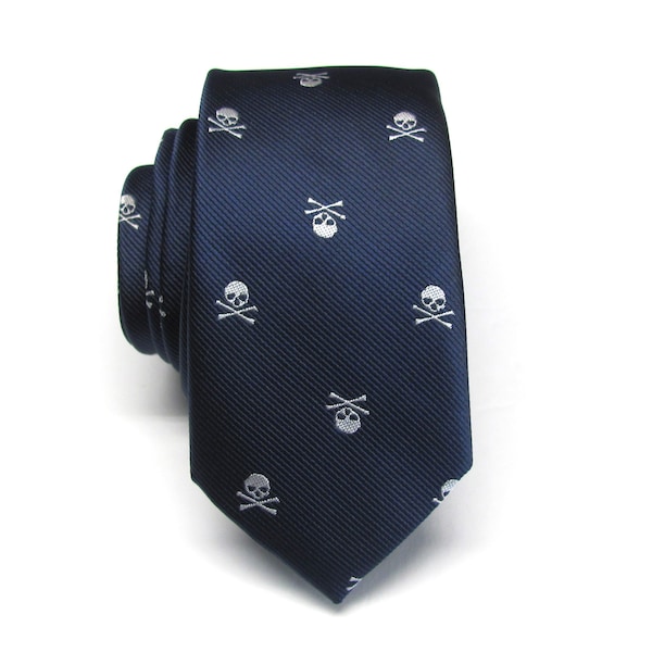 Mens Ties Navy Blue Silver Gray Skull Design Mens Silk Skinny Necktie