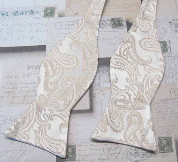 Cream Beige Paisley Pattern Adjustable Bow Tie & Beige Y-Back Suspenders-New! 