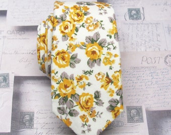 Cotton Mens Tie Yellow White Gray Floral Skinny Necktie With Matching Pocket Square Option