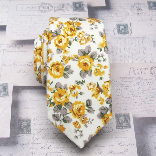 Cotton Mens Tie Yellow White Gray Floral Skinny Necktie With Matching Pocket Square Option