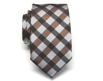 Mens Ties Brown Black Ivory Plaid Mens Neckties. Silk Tie with Matching Pocket Square Option