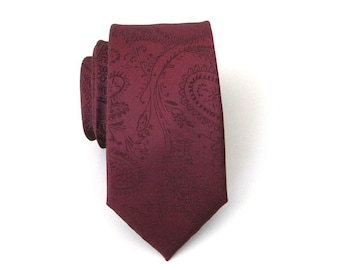 Men's Tie. Burgundy Paisley Mens Skinny Tie With Matching Pocket Square Option