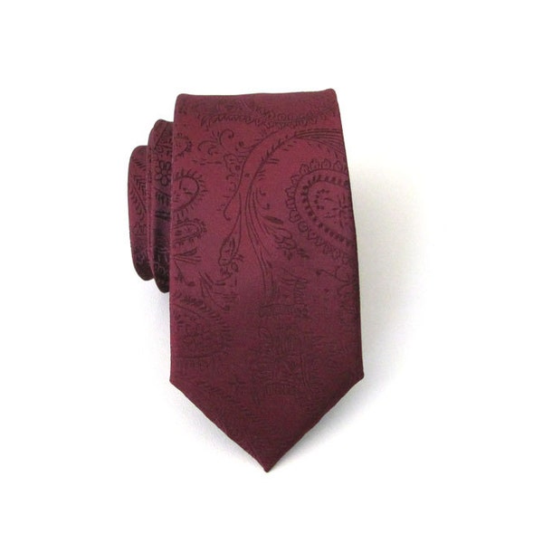 Men's Tie. Burgundy Paisley Mens Skinny Tie With Matching Pocket Square Option