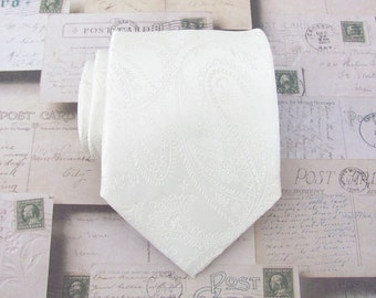 Mens Tie. Ivory Paisley Mens Necktie With Matching Pocket Square Option