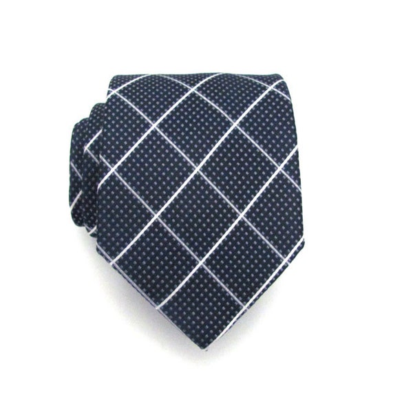 Midnight Blue and Silver Plaid Silk Necktie