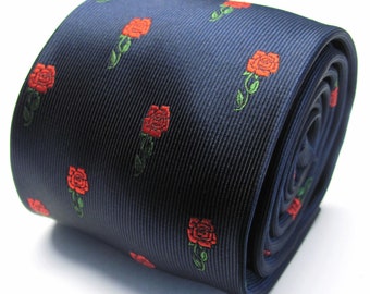 Navy Blue Mens Tie With Red Rose Design Necktie