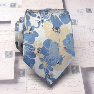 Silver Taupe Dusty Blue Floral Necktie Wedding Ties With Matching Pocket Square Option