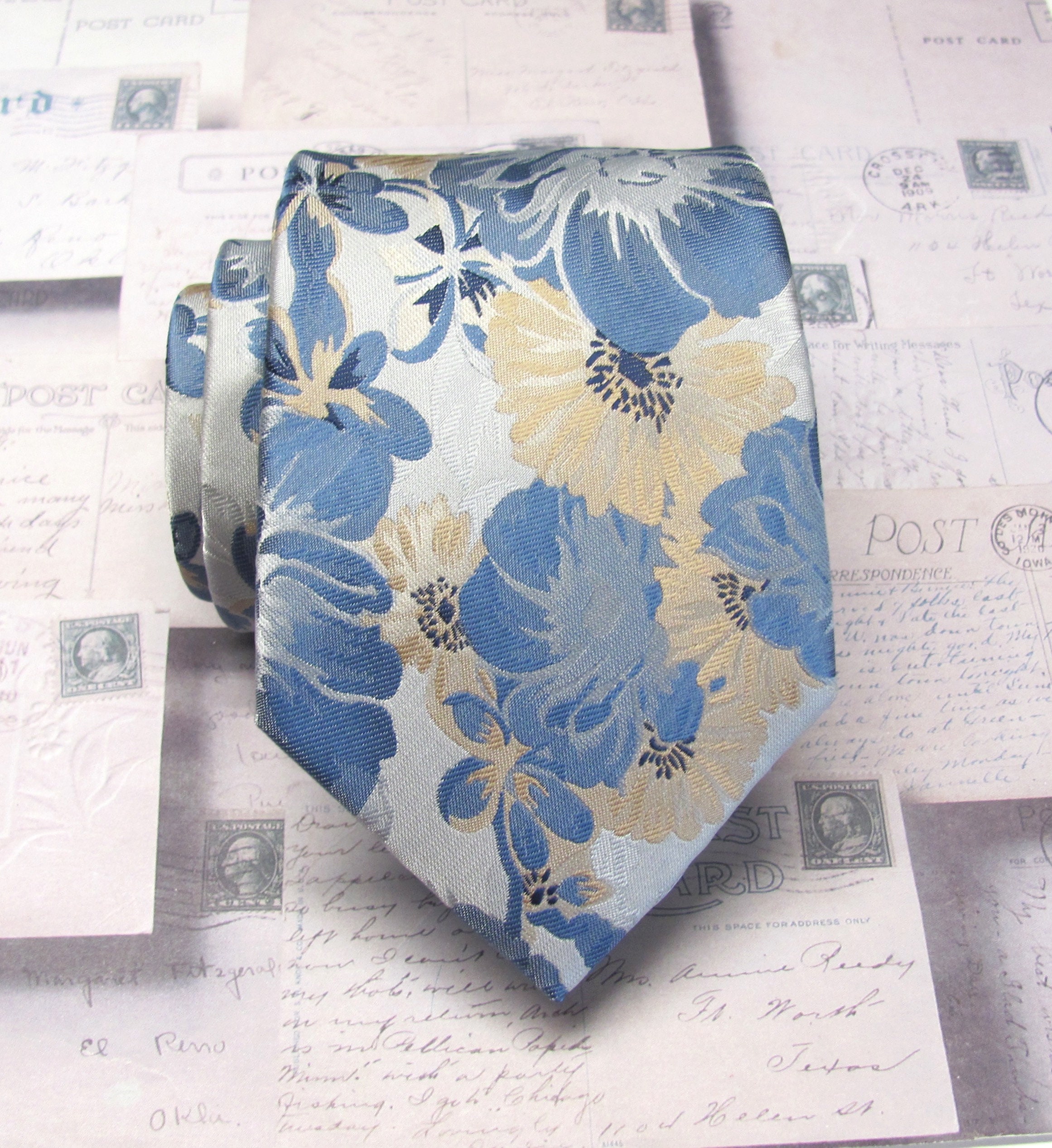 Silver Taupe Dusty Blue Floral Necktie Wedding Ties With Matching Pocket Square Option