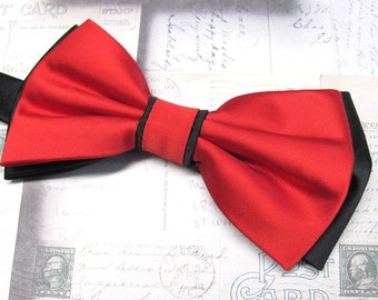 Mens Bow Ties Red Black Bow Tie. Wedding Bow Ties Red and Black Bowtie With Matching Pocket Squares