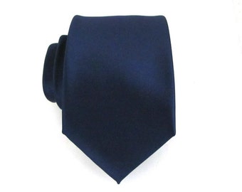 Dark Navy Blue Silk Necktie With Matching Pocket Square Handkerchief Option