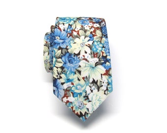 Cotton Mens Tie. Blue Gray Red Pink Yellow Floral Skinny Tie With Matching Pocket Square Option