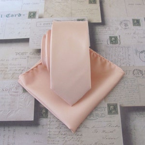 Pastel Peach Pale Apricot Skinny Necktie with Matching Pocket Square Handkerchief Option