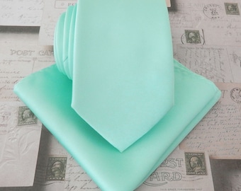 Mint Mens Tie. Pastel Mint Green Narrow Tie and *FREE* Matching Pocket Square Set