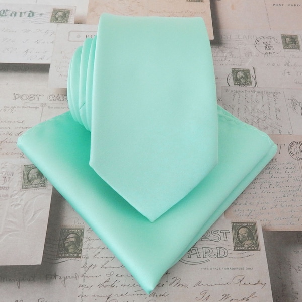 Mint Mens Tie. Pastel Mint Green Narrow Tie and *FREE* Matching Pocket Square Set