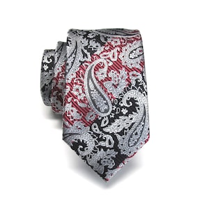 Mens Narrow Ties. Silver Black Red Paisley Mens Narrow Necktie with Matching Pocket Square Option