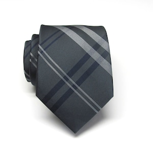 Mens Tie Gray Silver Navy Blue Plaid Mens Necktie with Matching Pocket Square Option