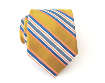 Yellow Tie. Mens Tie. Mustard Yellow Blue Orange Stripes Mens Tie With Matching Pocket Square Option