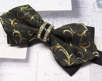 Mens Bowtie Gold Vine on Black Jeweled Crystal Center Knot Bowtie With Black Pocket Square Option