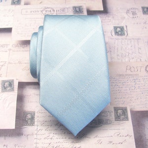 Light Blue Plaid Slim Modern Fit Necktie with Matching Pocket Square Option. Wedding Ties.