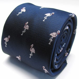 Navy Blue Woven Mens Tie With Pink Flamingo Design Necktie