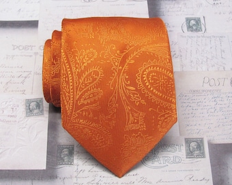 Mens Ties. Necktie Burnt Orange Paisley Silk Tie With Matching Pocket Square Option