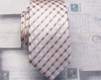 SALE Mens Tie Pale Pink Gray Plaid Skinny Tie