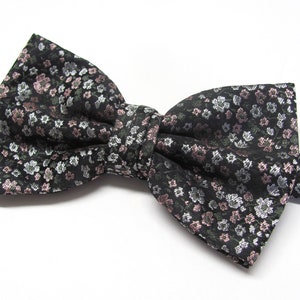 Mens Bowtie Pink Moss Green Silver Floral on Black Bow Tie With Matching Pocket Square