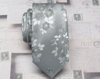 Skinny Tie. Men's Gray Silver Floral Skinny Mens Ties With Matching Pocket Square Option