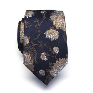 Mens Ties Navy Blue Taupe Gold Floral Mens Slim Silk Necktie With Matching Pocket Square Option