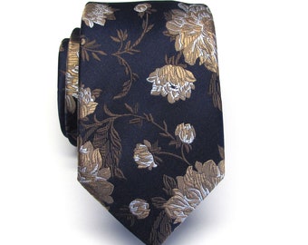 Mens Ties Navy Blue Taupe Gold Floral Mens Slim Silk Necktie With Matching Pocket Square Option