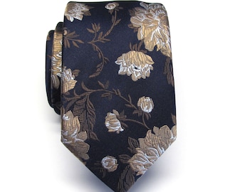 Mens Ties Navy Blue Taupe Gold Floral Mens Slim Silk Necktie With Matching Pocket Square Option