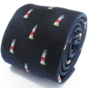 Navy Blue Tie With Lighthouse Ocean Nautical Design Necktie