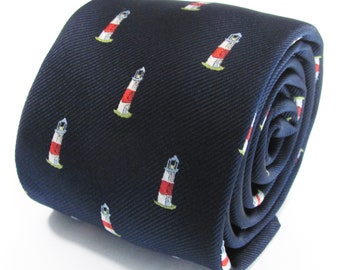 Navy Blue Tie With Lighthouse Ocean Nautical Design Necktie