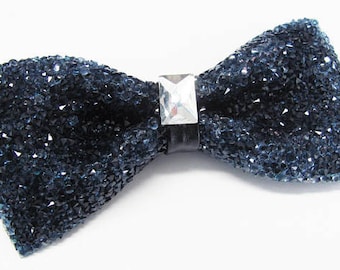 Mens Crystal Bow Tie Beaded Crystal Dark Blue Adjustable Pre Tied Bow Tie