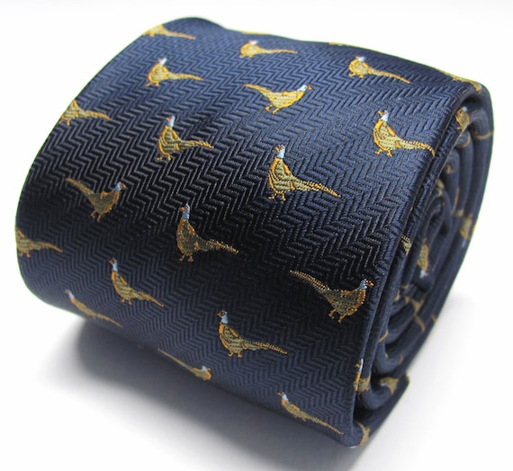 Navy Blue Tie With Pheasant Wild Bird Design Necktie