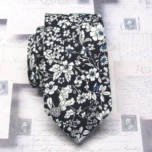 Cotton Mens Tie White on Navy Blue Floral Skinny Tie With Matching Pocket Square Option