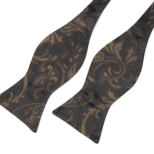 CLEARANCE SALE Mens Self Tie Bow Ties Brown Beige Paisley Free Style Bowtie With Matching Pocket Square