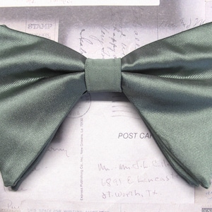 Dusty Sage Green Butterfly Bow Tie Tear Drop Long Pre Tied Bow Tie With Matching Pocket Square Handkerchief