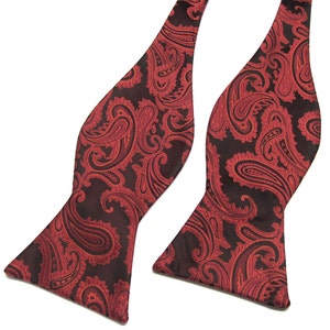 Free Style Mens Bow Tie. Red Black Paisley Self Tie Bowties With Matching Pocket Square Option
