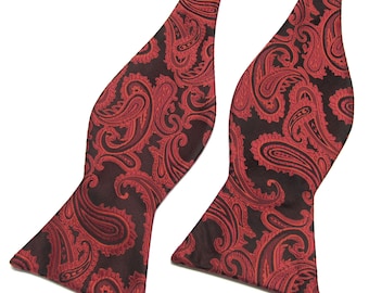 Free Style Mens Bow Tie. Red Black Paisley Self Tie Bowties With Matching Pocket Square Option