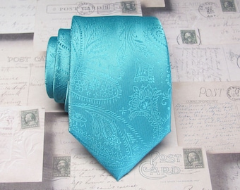 Mens Tie. Turquoise Paisley Mens Tie Teal Tonal Paisley Necktie With Matching Pocket Square Option