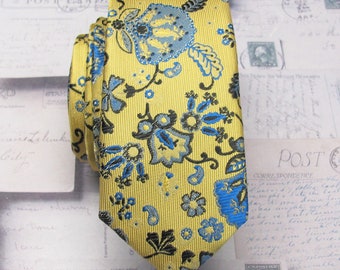 Skinny Krawatte Herren Gold Gelb Royal Blau Floral Skinny Herren Krawatten mit passender Einstecktuch Option